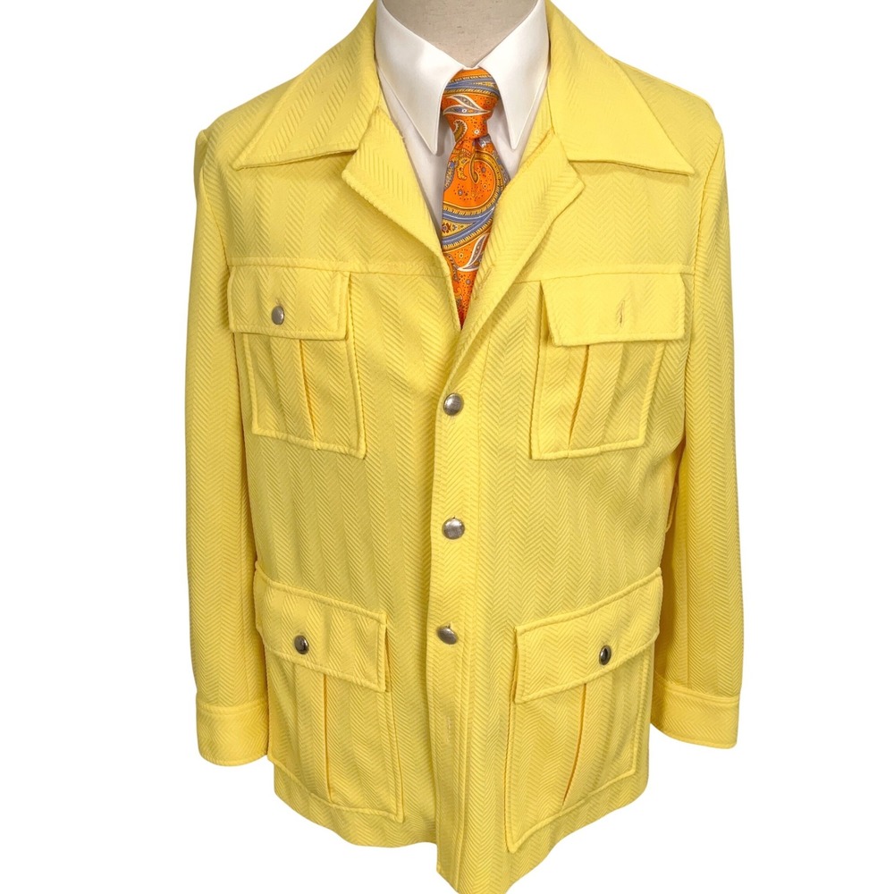 Donegal Safari Jacket Mens L Yellow 70s Chevron Texture Double Knit Disco VTG